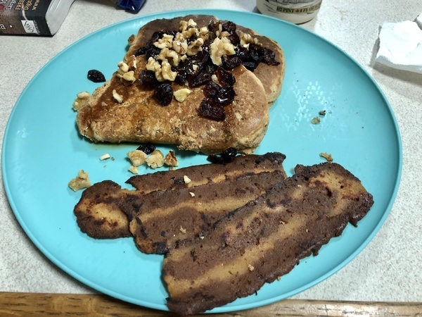 pancakes_2 whole food plant based pancakes with vegan bacon.