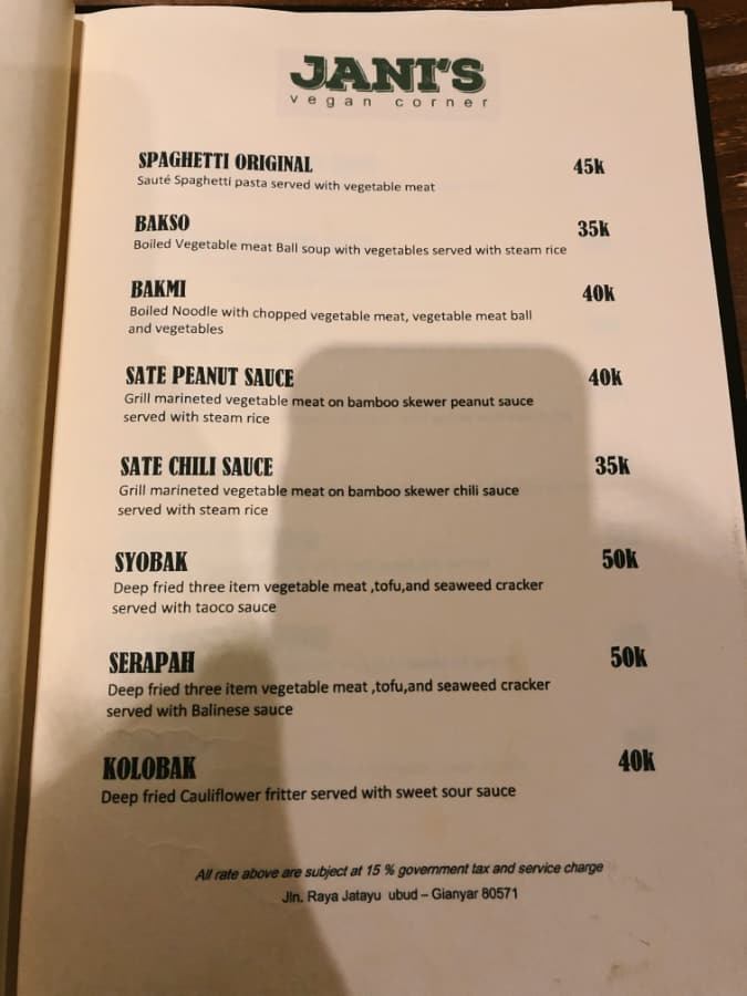 janis_vegan_corner_menu_1 menu at janis vegan corner in ubud, bali, indonesia.