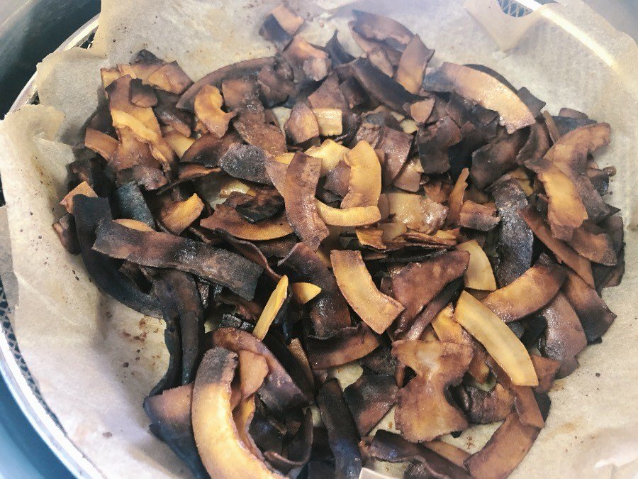 coconut-bacon-after-airfrying coconut bacon done cooking.